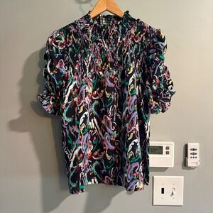 THML Women's Multicolor Smocked‎ Neckline Blouse Top Size M Paisley Print